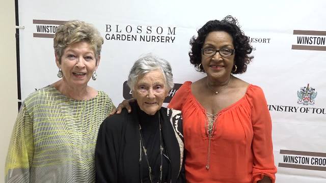 Renowned British author and historian Dr. June Goodfield (middle) with (left) Production Manager and personal friend Helen Kidd and (right) Nevisian friend, interviewed for the film, Jeanette Grell-Hull at the premiere of “The Time Detective” at a VIP event hosted with the Ministry of Tourism at the Social Security’s conference room at Pinney’s on January 14, 2017